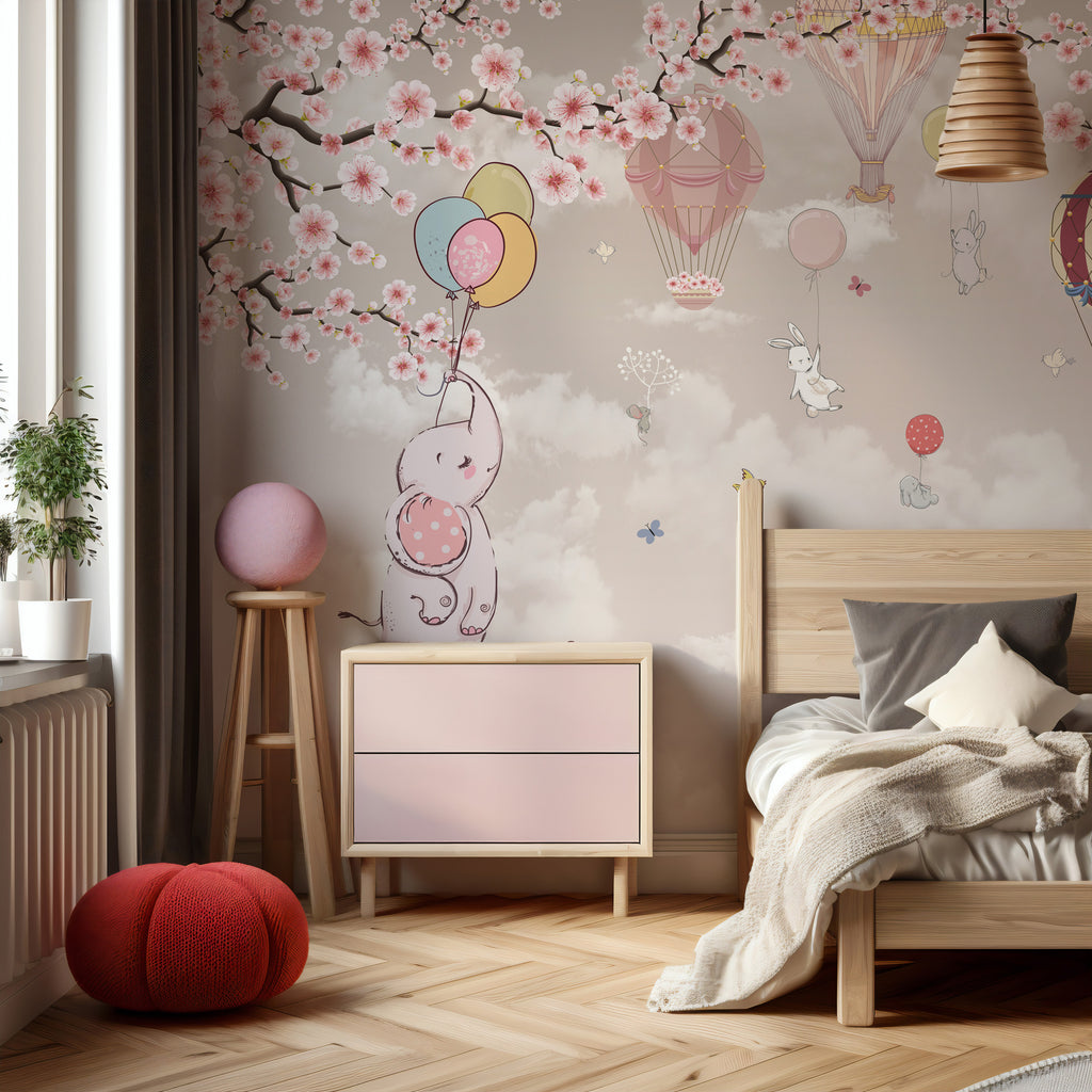 Cherry Blossom Kids Wallpaper : Pink Sky with Balloons and Animals Mural - View 2