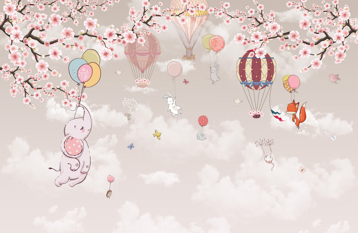 Cherry Blossom Kids Wallpaper : Pink Sky with Balloons and Animals Mural - flat design