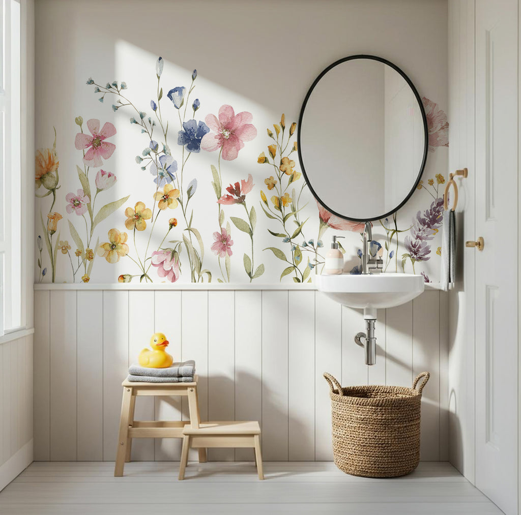 Watercolor Wildflower Wallpaper : White Meadow Flower Mural - View 3