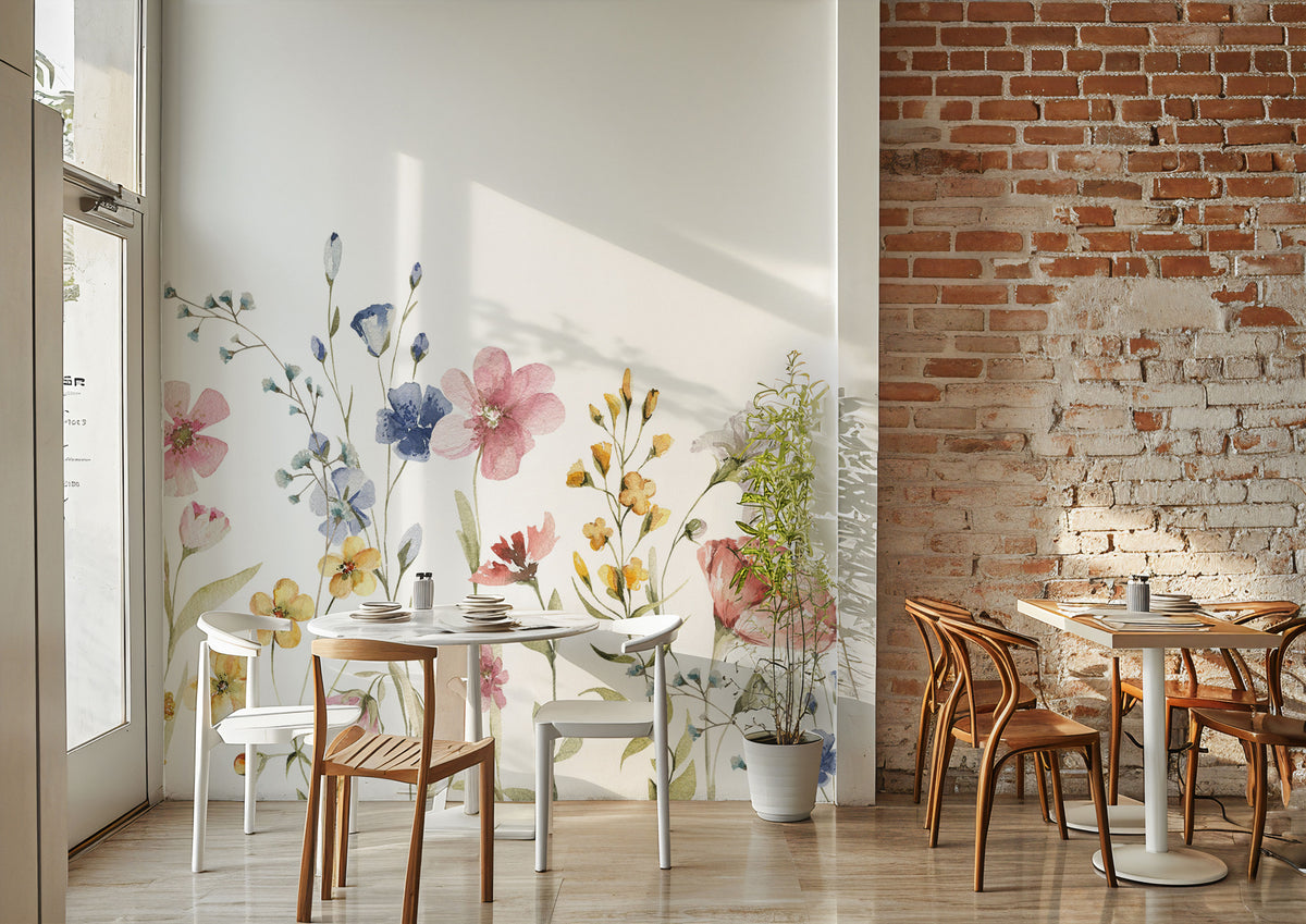 Watercolor Wildflower Wallpaper : White Meadow Flower Mural - View 4