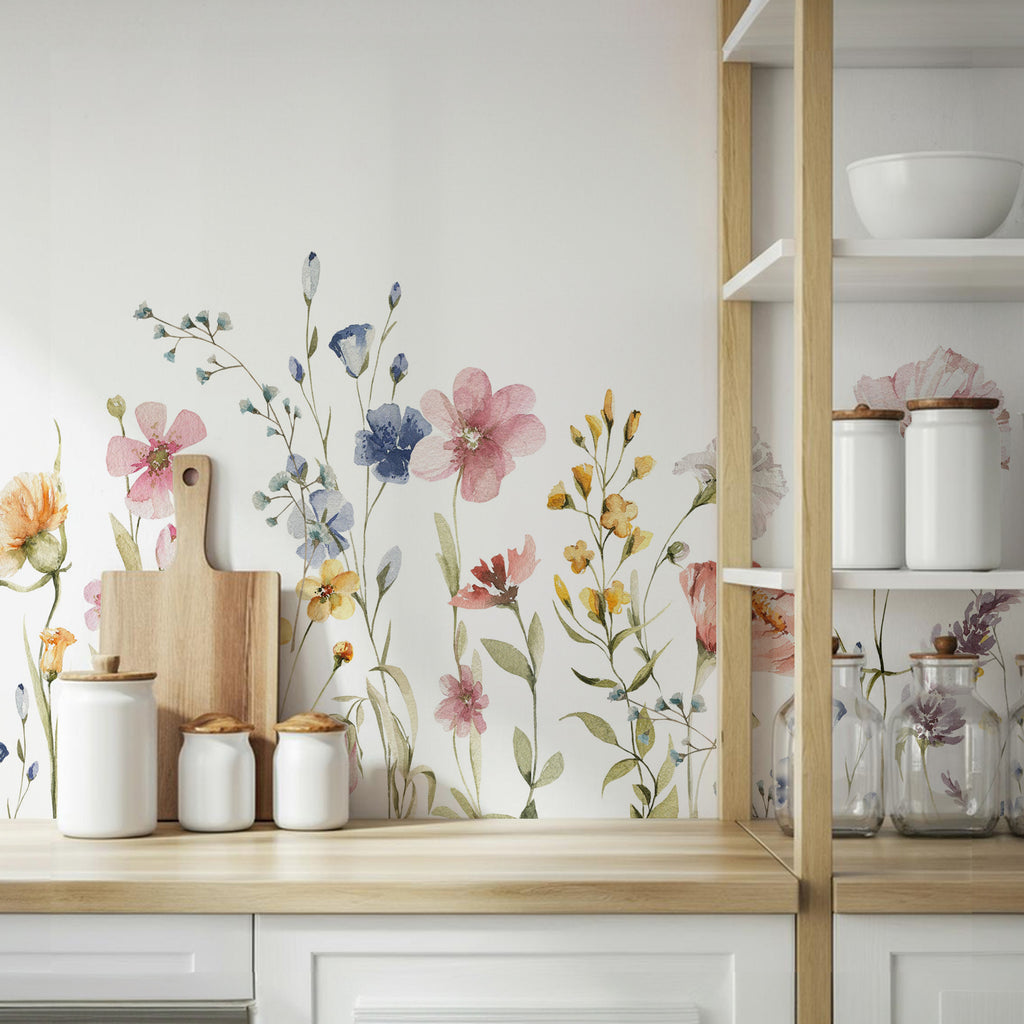 Watercolor Wildflower Wallpaper : White Meadow Flower Mural - View 2