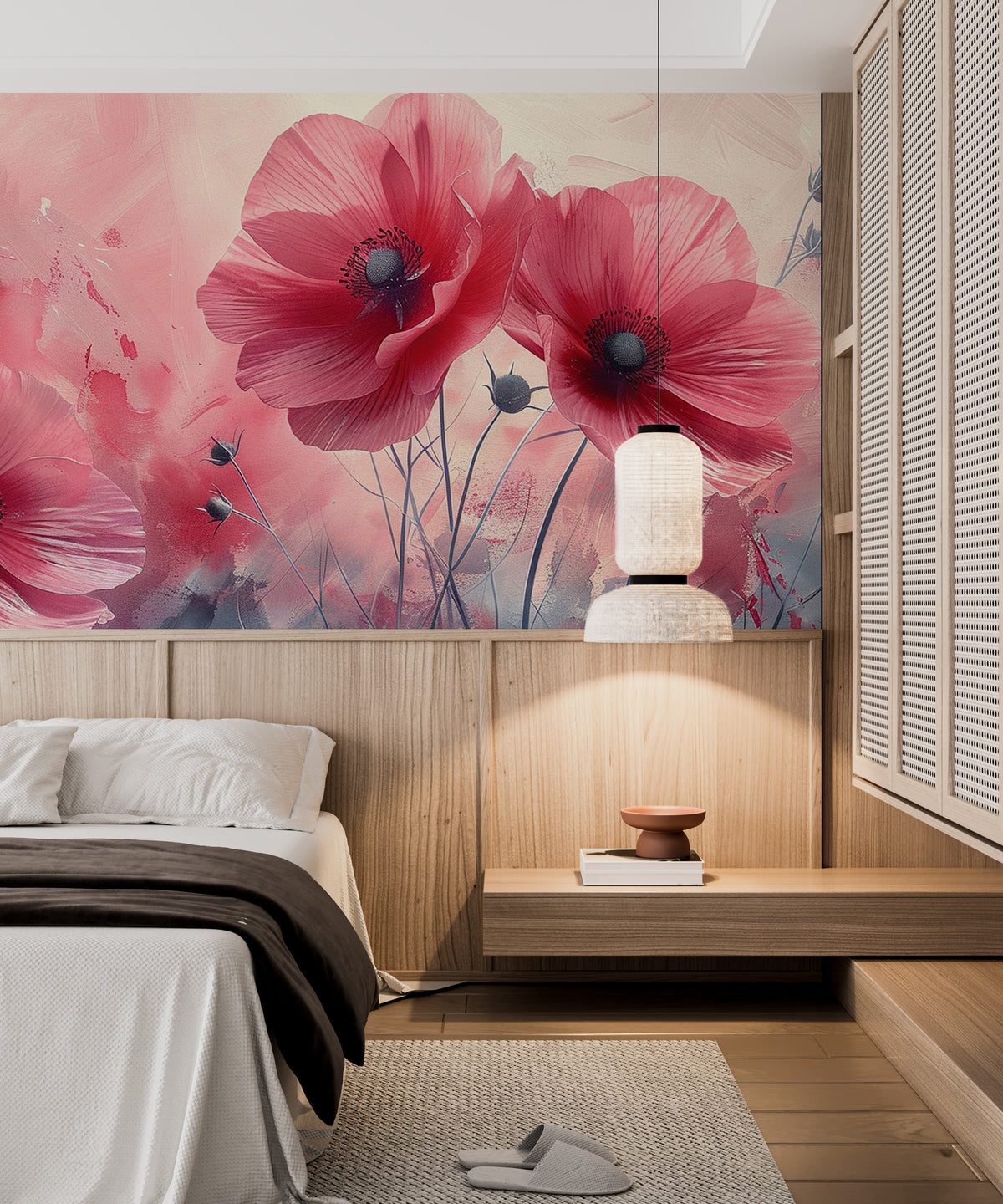 Pink Poppy Wallpaper : Painterly Flower Field Mural