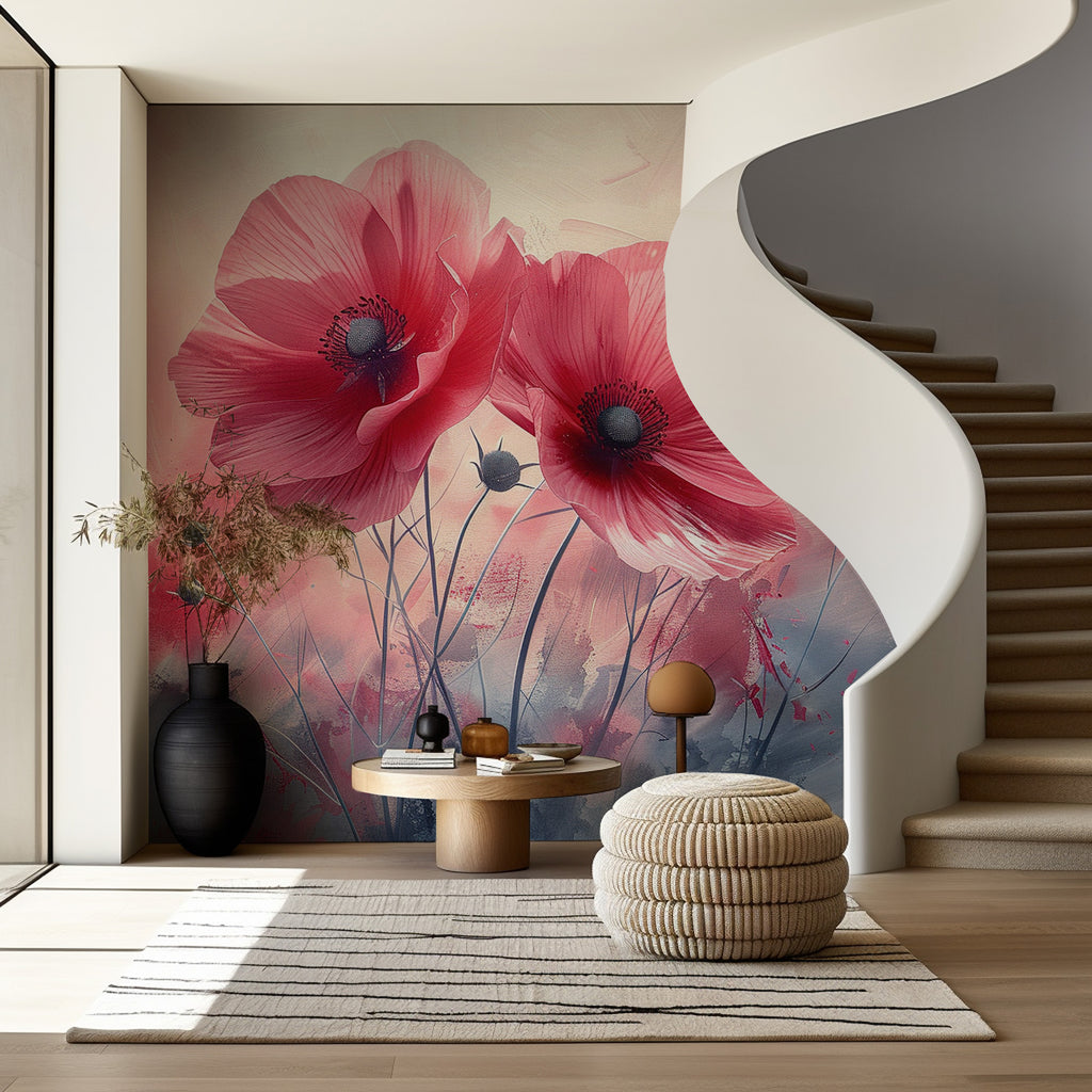 Pink Poppy Wallpaper : Painterly Flower Field Mural - View 5