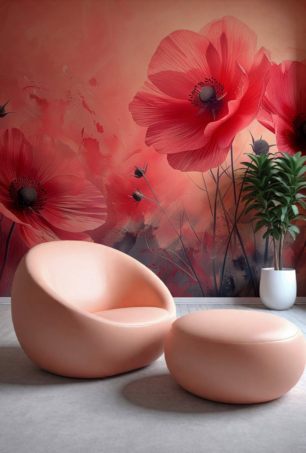 Pink Poppy Wallpaper : Painterly Flower Field Mural - View 2