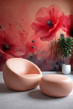 Pink Poppy Wallpaper : Painterly Flower Field Mural - View 2