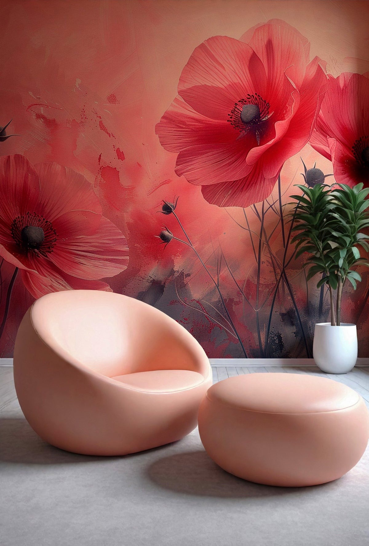 Pink Poppy Wallpaper : Painterly Flower Field Mural - View 2