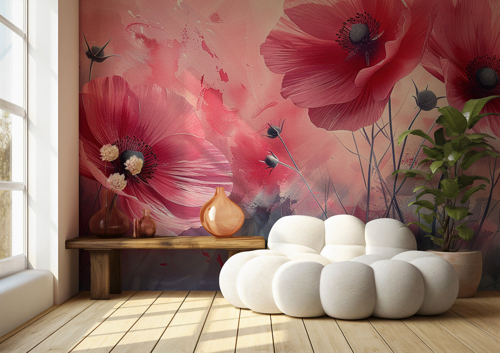 Pink Poppy Wallpaper : Painterly Flower Field Mural - View 3