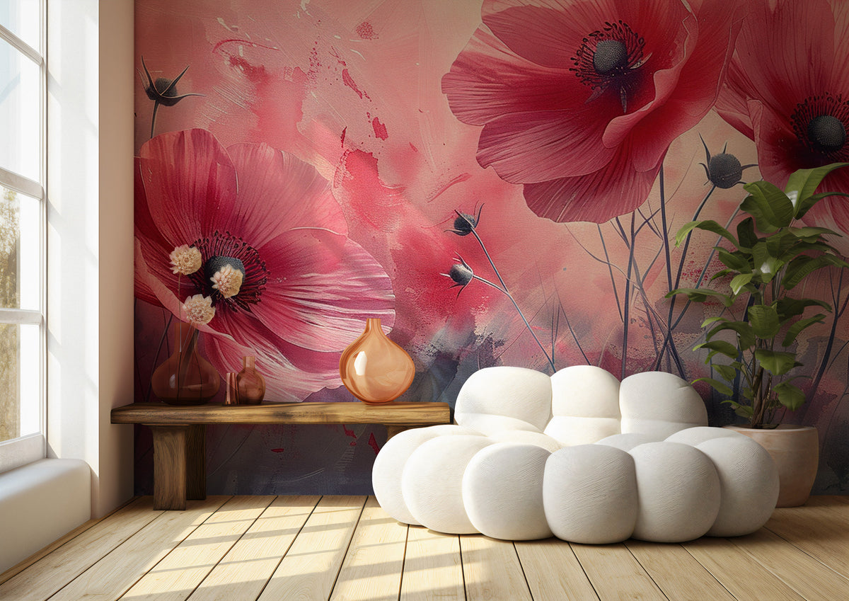 Pink Poppy Wallpaper : Painterly Flower Field Mural - View 3
