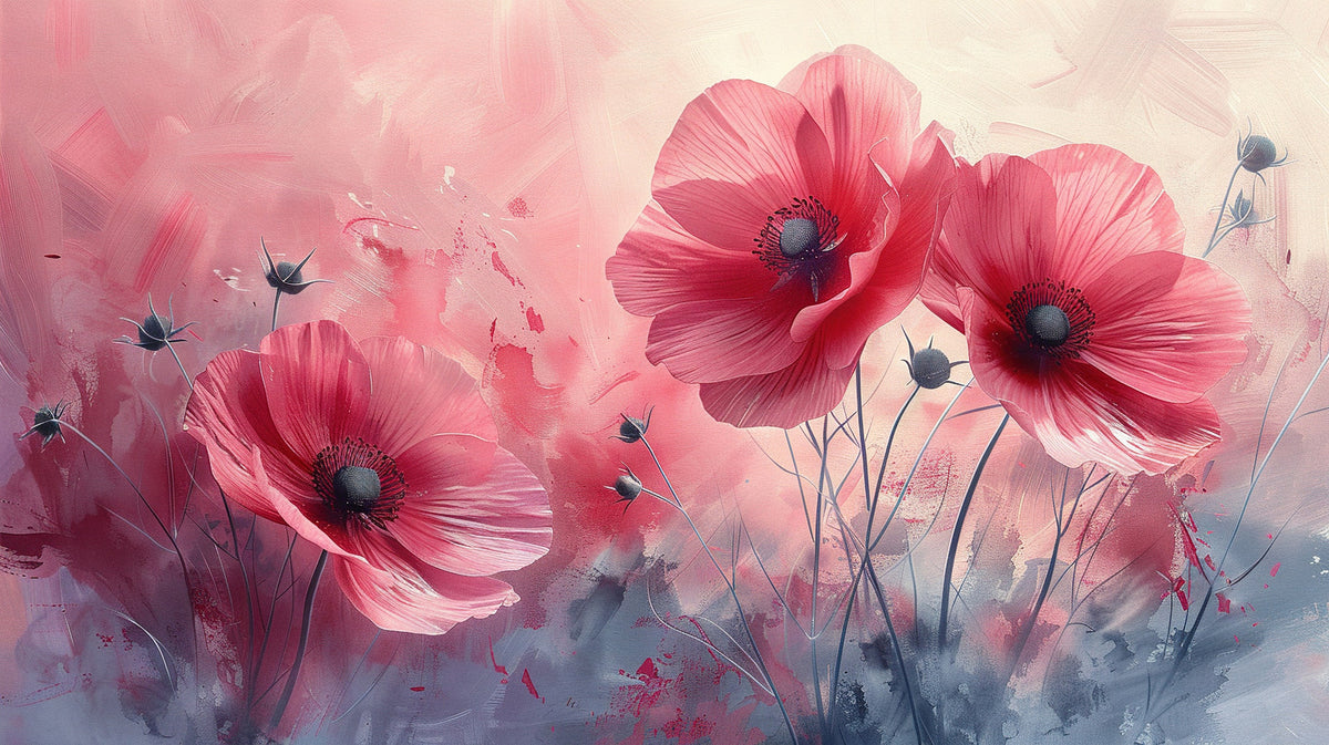 Pink Poppy Wallpaper : Painterly Flower Field Mural - flat design
