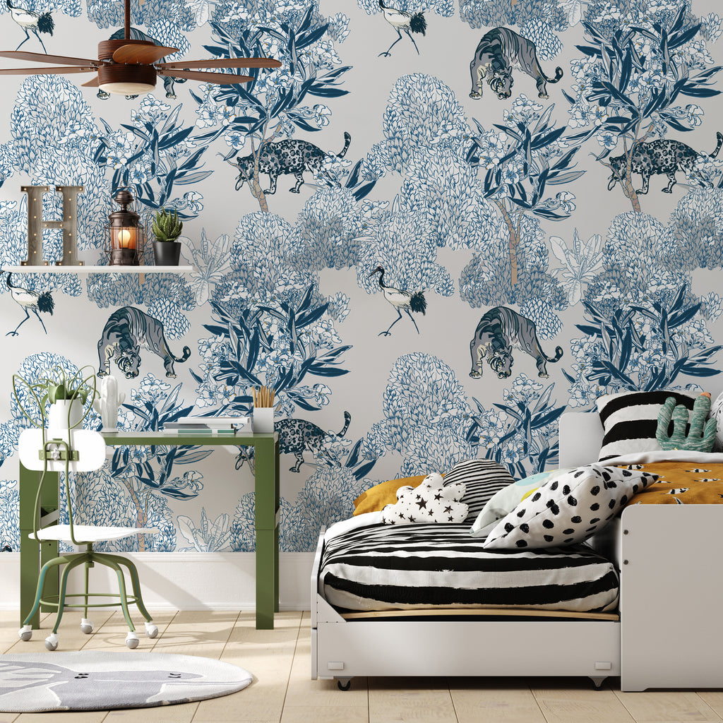 Blue Tiger Wallpaper : Chinoiserie Floral and Crane Toile Mural - View 3