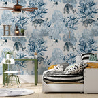 Blue Tiger Wallpaper : Chinoiserie Floral and Crane Toile Mural - View 3