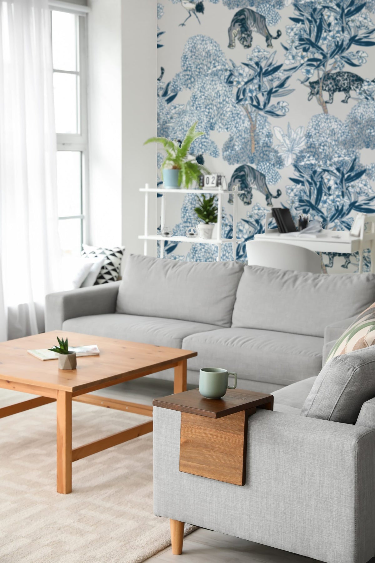 Blue Tiger Wallpaper : Chinoiserie Floral and Crane Toile Mural - View 4