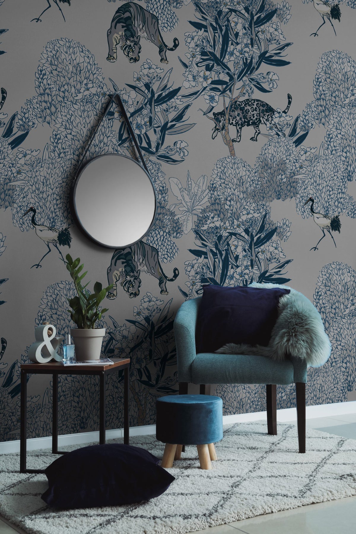 Blue Tiger Wallpaper : Chinoiserie Floral and Crane Toile Mural