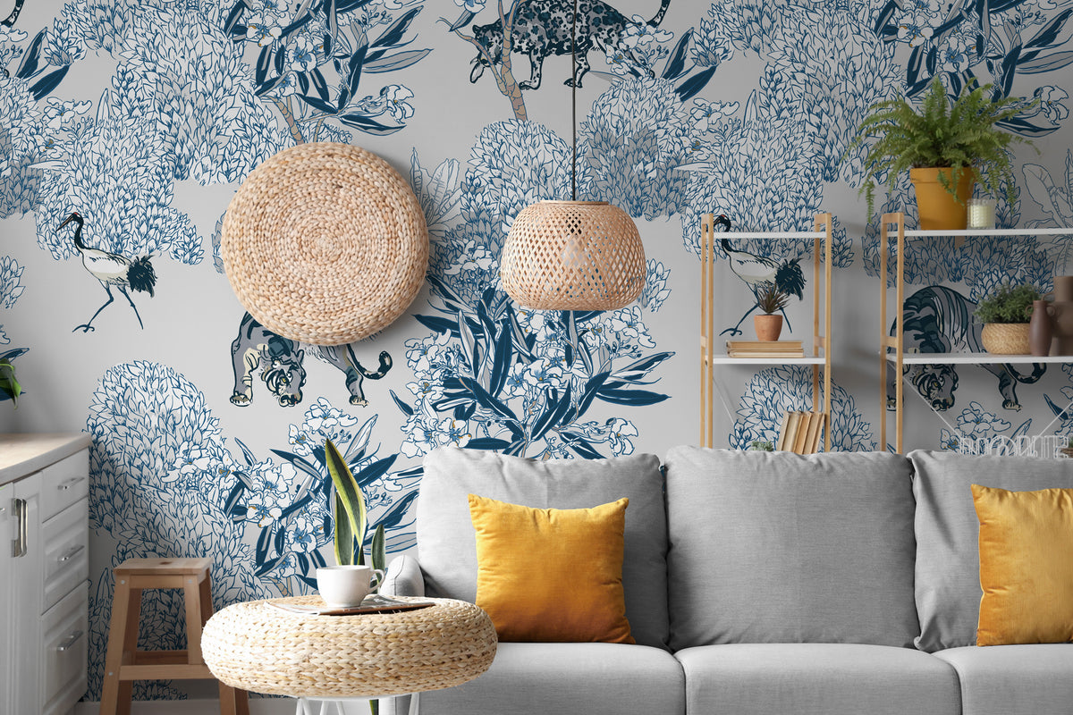 Blue Tiger Wallpaper : Chinoiserie Floral and Crane Toile Mural - View 2