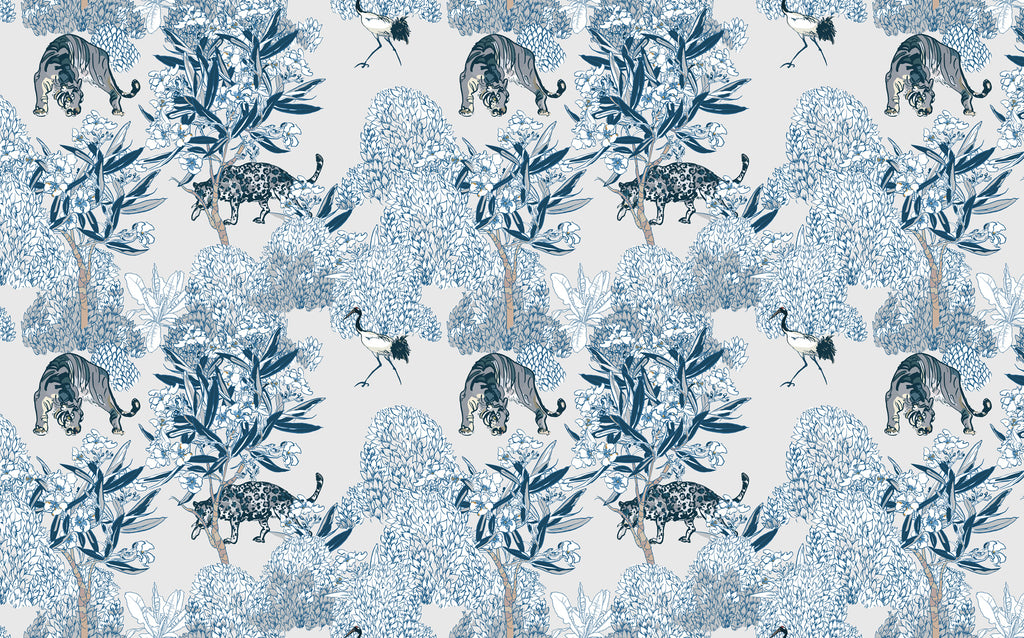 Blue Tiger Wallpaper : Chinoiserie Floral and Crane Toile Mural - flat design