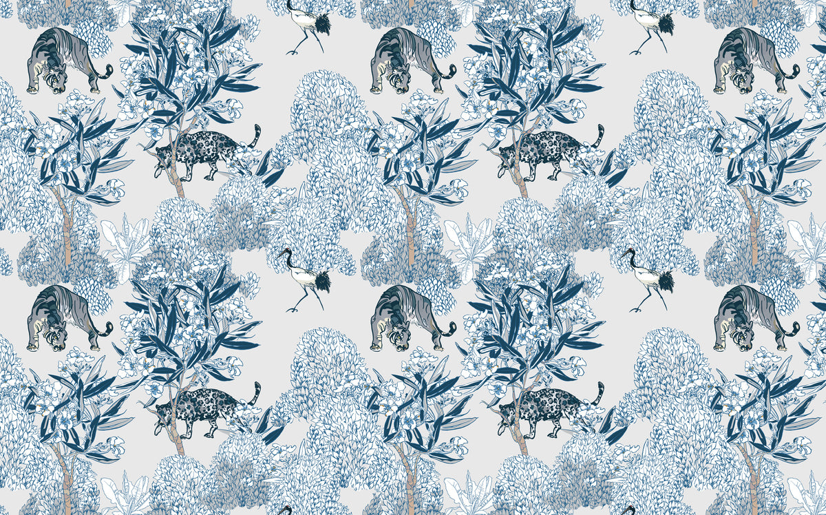 Blue Tiger Wallpaper : Chinoiserie Floral and Crane Toile Mural - flat design