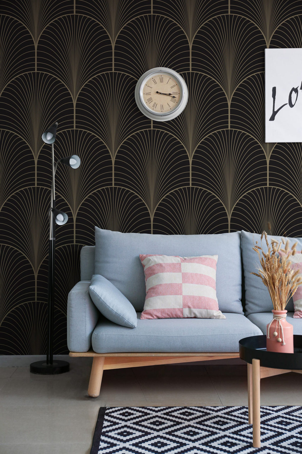 Gold Art Deco Wallpaper : Brown Fan Scallop Pattern Mural - View 2