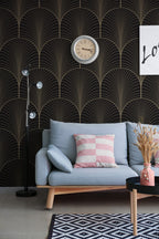 Gold Art Deco Wallpaper : Brown Fan Scallop Pattern Mural - View 2