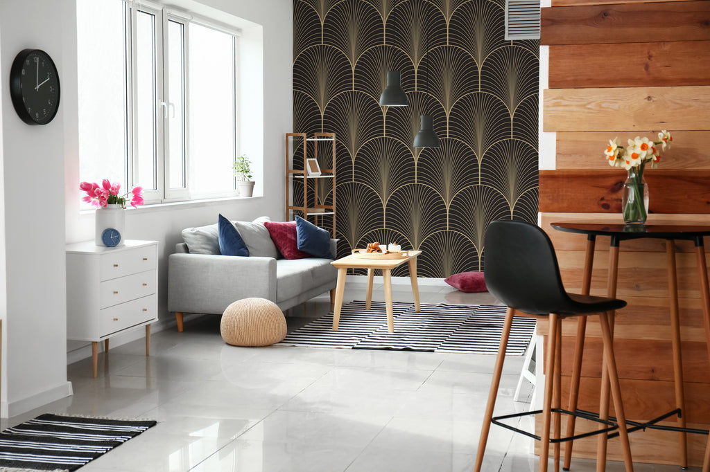Gold Art Deco Wallpaper : Brown Fan Scallop Pattern Mural - View 3