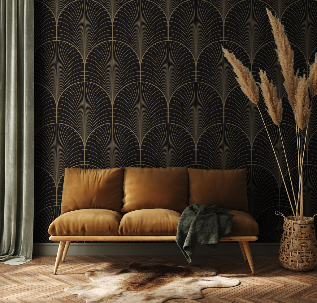 Gold Art Deco Wallpaper : Brown Fan Scallop Pattern Mural - View 4