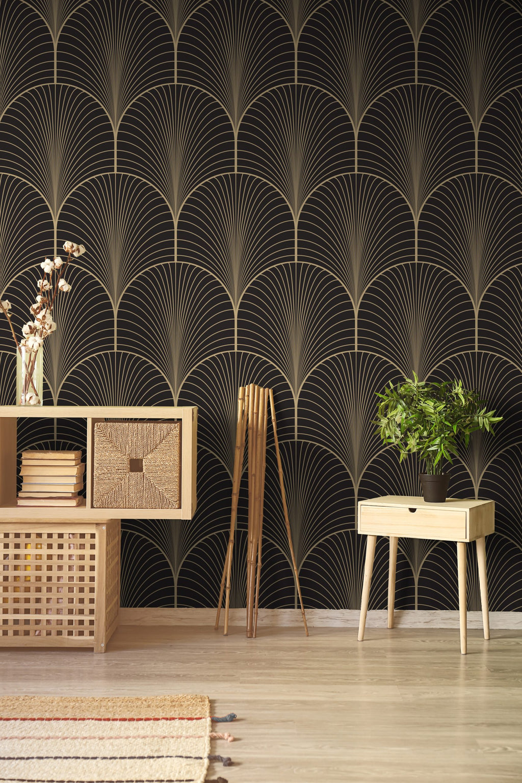 Gold Art Deco Wallpaper : Brown Fan Scallop Pattern Mural