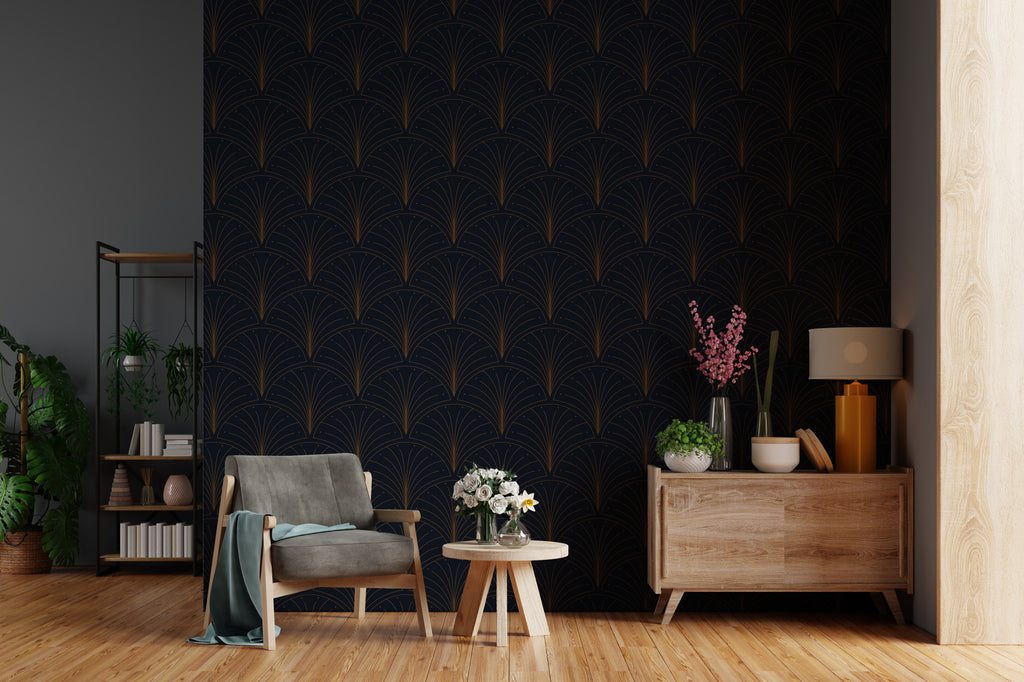 Navy Art Deco Wallpaper : Gold Fan Scallop Pattern Mural - View 3