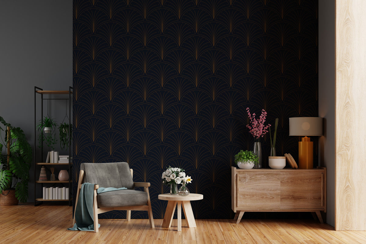 Navy Art Deco Wallpaper : Gold Fan Scallop Pattern Mural - View 3