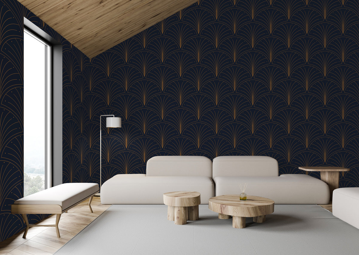 Navy Art Deco Wallpaper : Gold Fan Scallop Pattern Mural