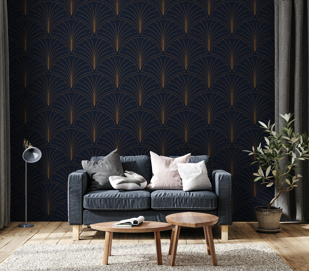 Navy Art Deco Wallpaper : Gold Fan Scallop Pattern Mural - View 4
