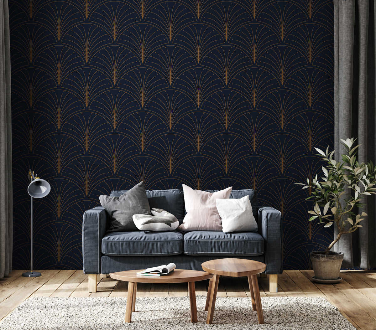 Navy Art Deco Wallpaper : Gold Fan Scallop Pattern Mural - View 4