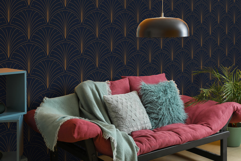 Navy Art Deco Wallpaper : Gold Fan Scallop Pattern Mural - View 2