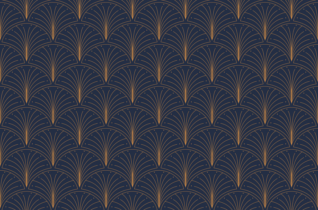 Navy Art Deco Wallpaper : Gold Fan Scallop Pattern Mural - flat design