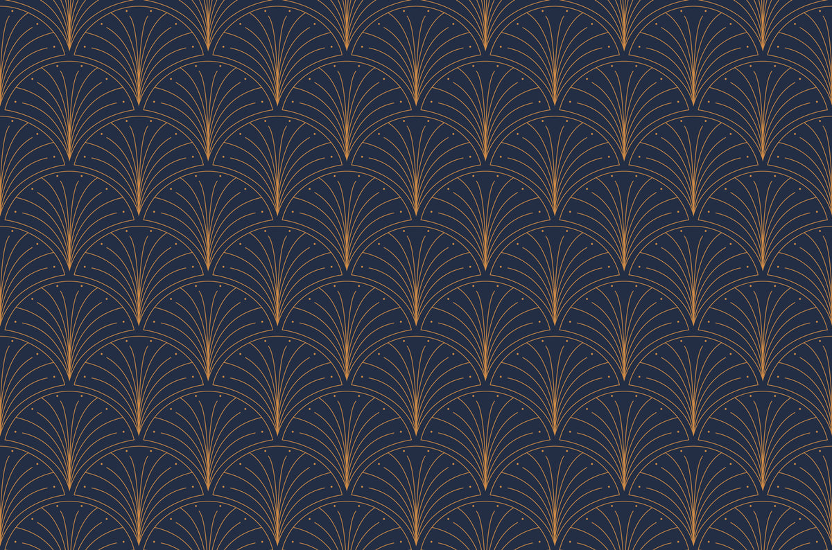 Navy Art Deco Wallpaper : Gold Fan Scallop Pattern Mural - flat design