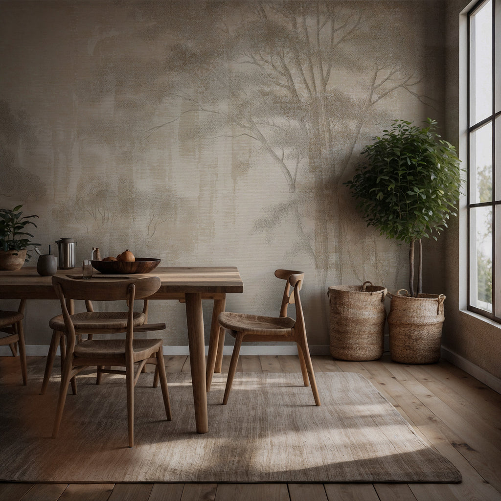 Beige Forest Wallpaper : Abstract Misty Tree Mural