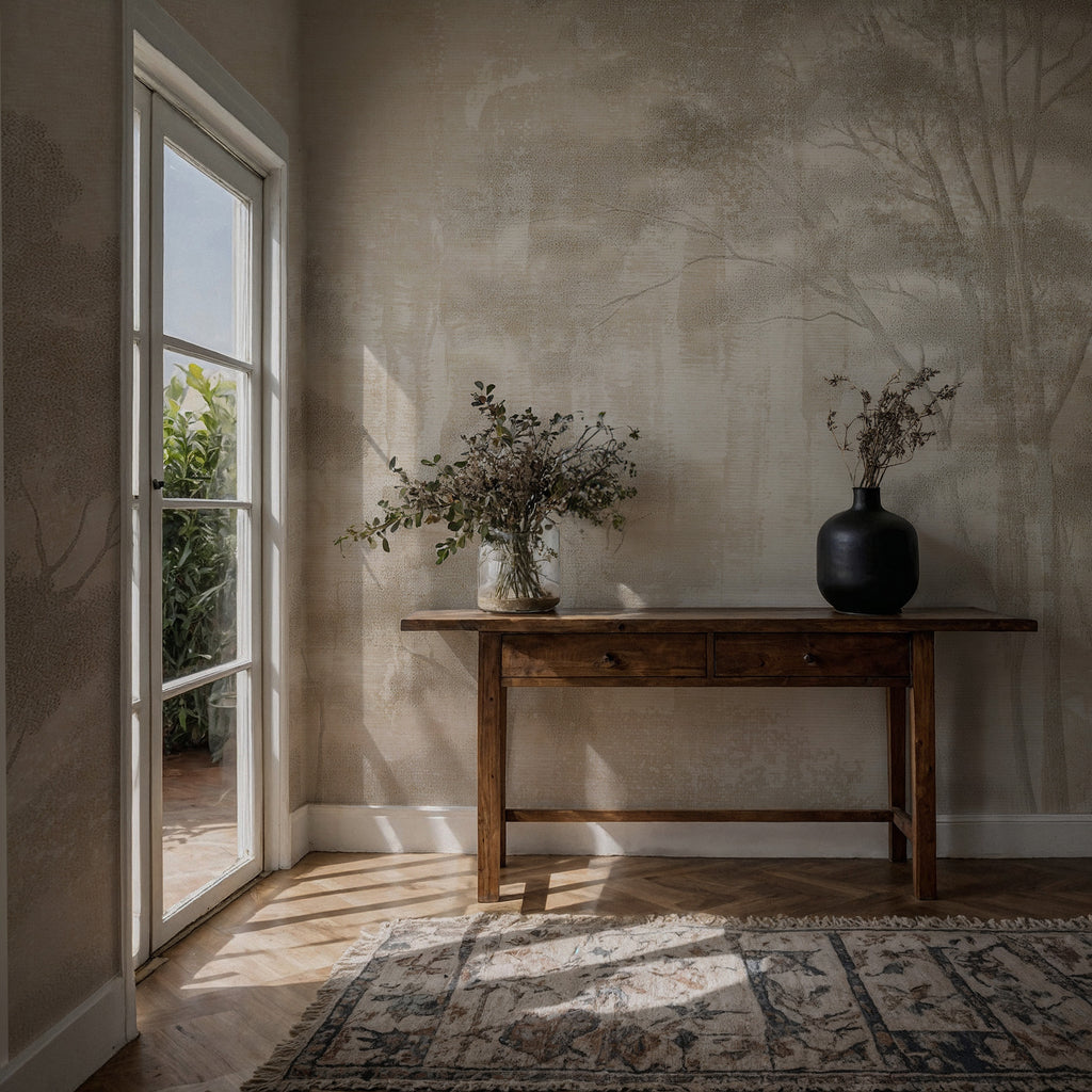 Beige Forest Wallpaper : Abstract Misty Tree Mural - View 2