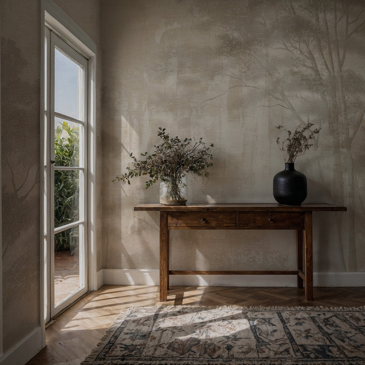 Beige Forest Wallpaper : Abstract Misty Tree Mural - View 2