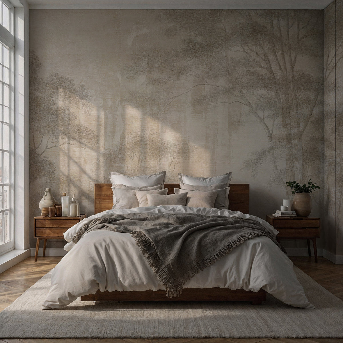 Beige Forest Wallpaper : Abstract Misty Tree Mural - View 3