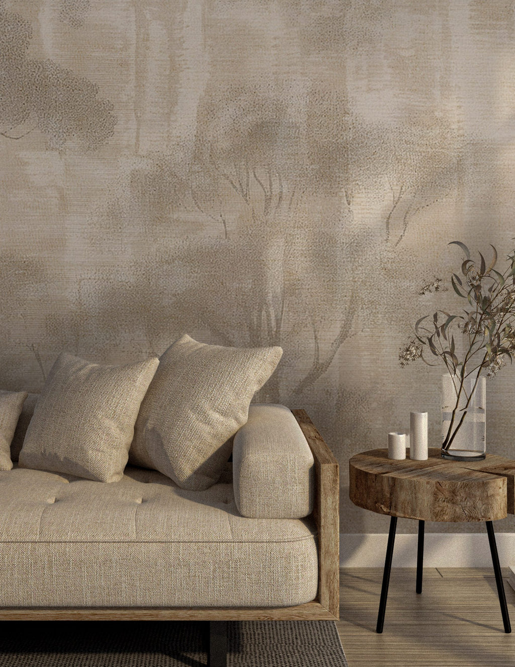 Beige Forest Wallpaper : Abstract Misty Tree Mural - View 4