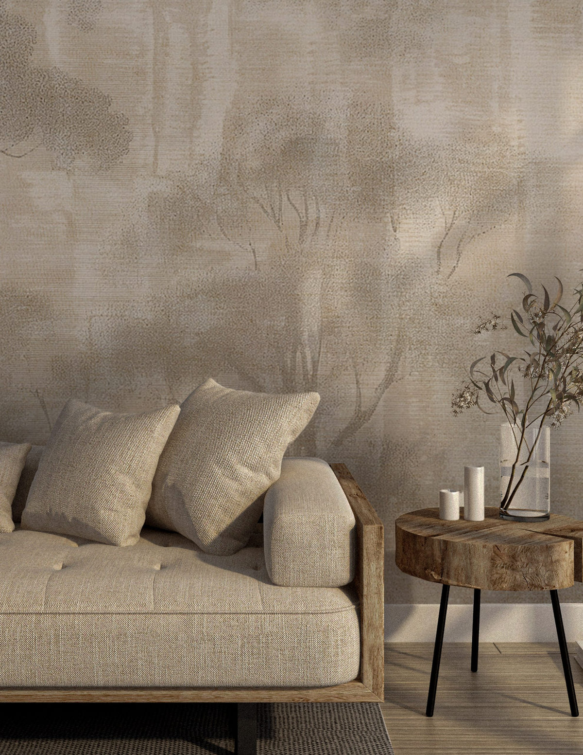 Beige Forest Wallpaper : Abstract Misty Tree Mural - View 4