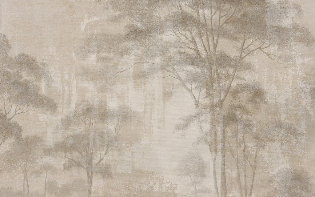 Beige Forest Wallpaper : Abstract Misty Tree Mural - flat design