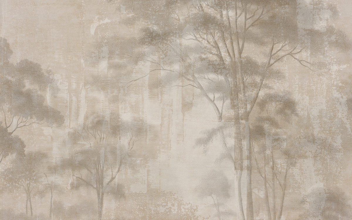 Beige Forest Wallpaper : Abstract Misty Tree Mural - flat design