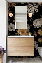 Retro Floral Wallpaper : Orange and White Flowers on Black Mural - View 2