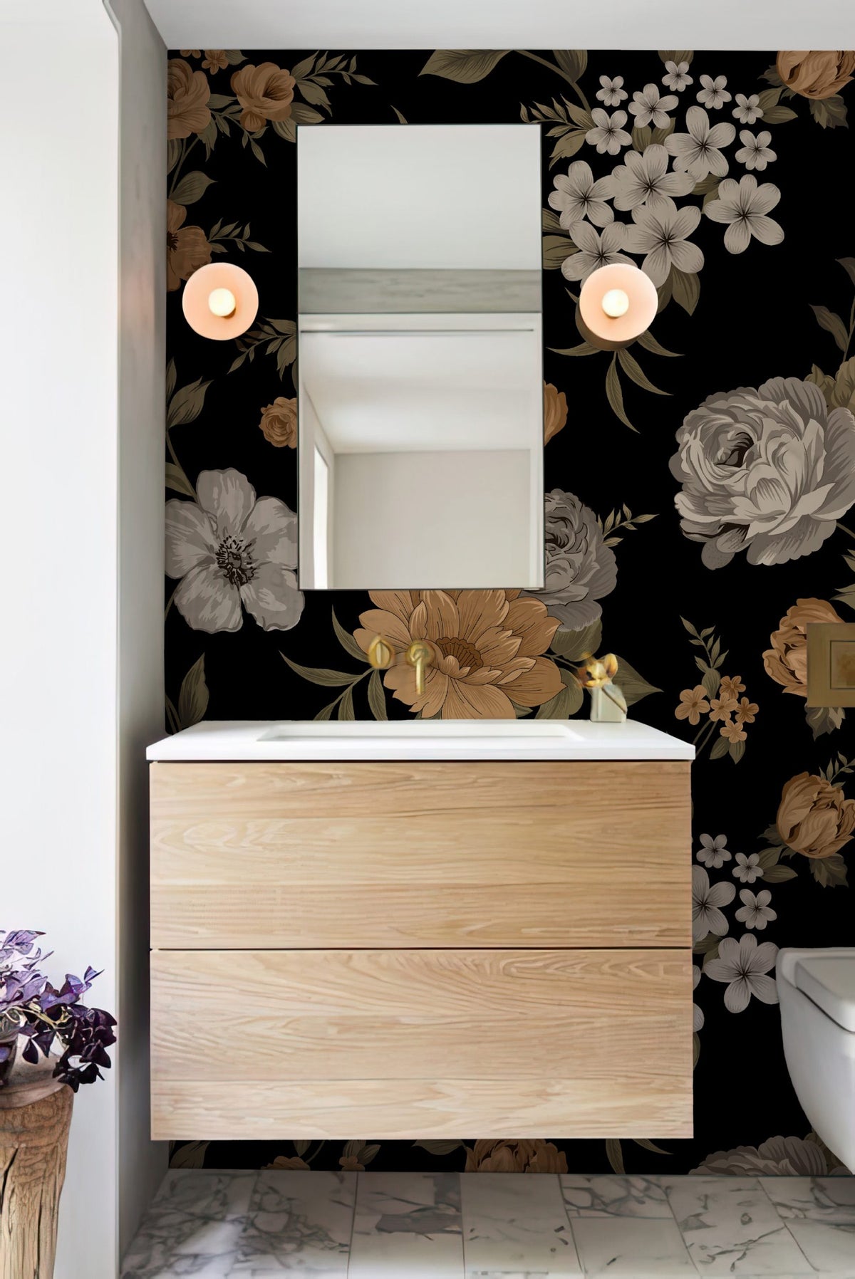 Retro Floral Wallpaper : Orange and White Flowers on Black Mural - View 2