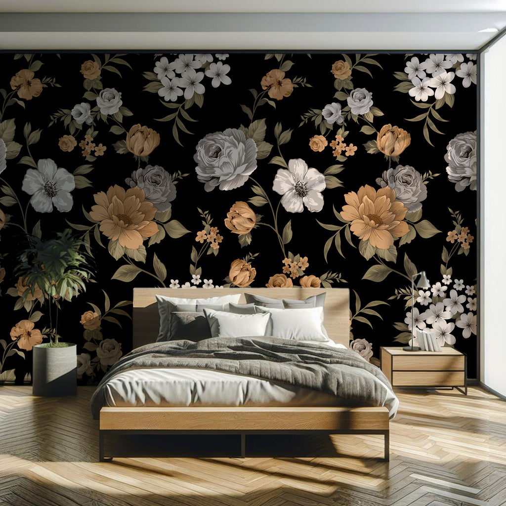 Retro Floral Wallpaper : Orange and White Flowers on Black Mural - View 3