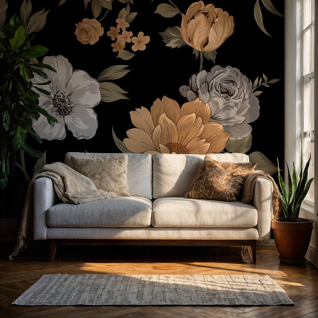 Retro Floral Wallpaper : Orange and White Flowers on Black Mural - View 4