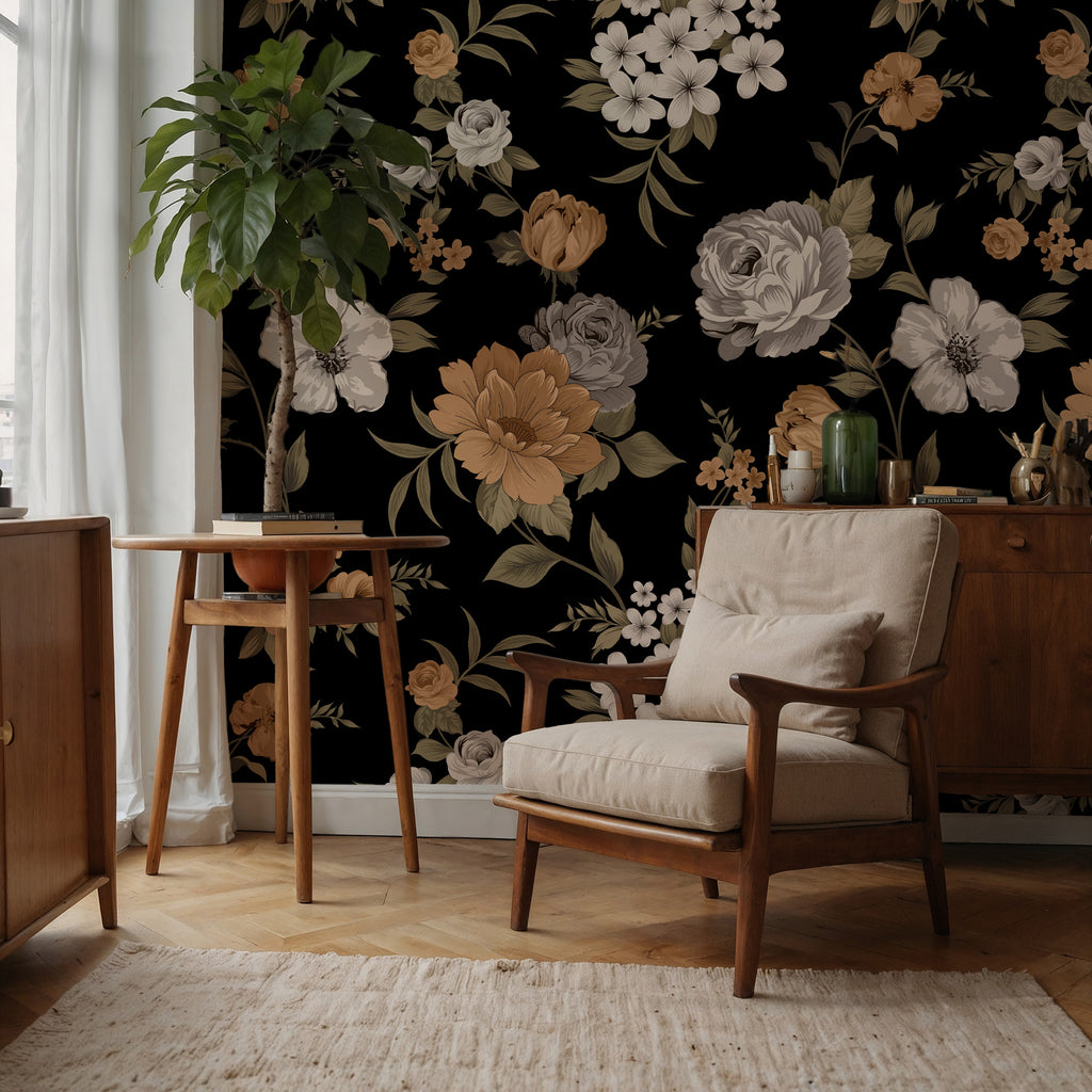 Retro Floral Wallpaper : Orange and White Flowers on Black Mural