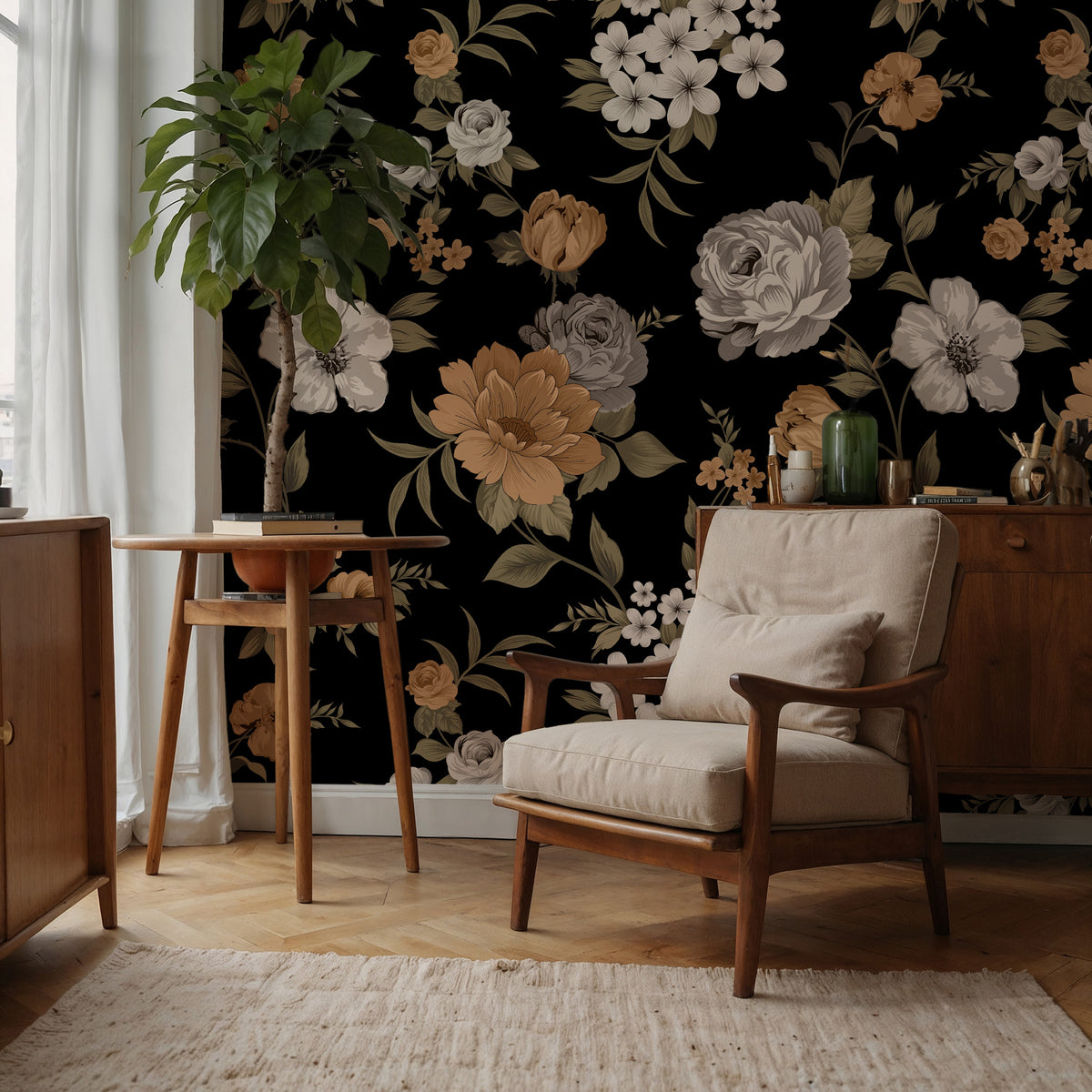 Retro Floral Wallpaper : Orange and White Flowers on Black Mural