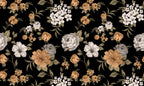 Retro Floral Wallpaper : Orange and White Flowers on Black Mural - flat design