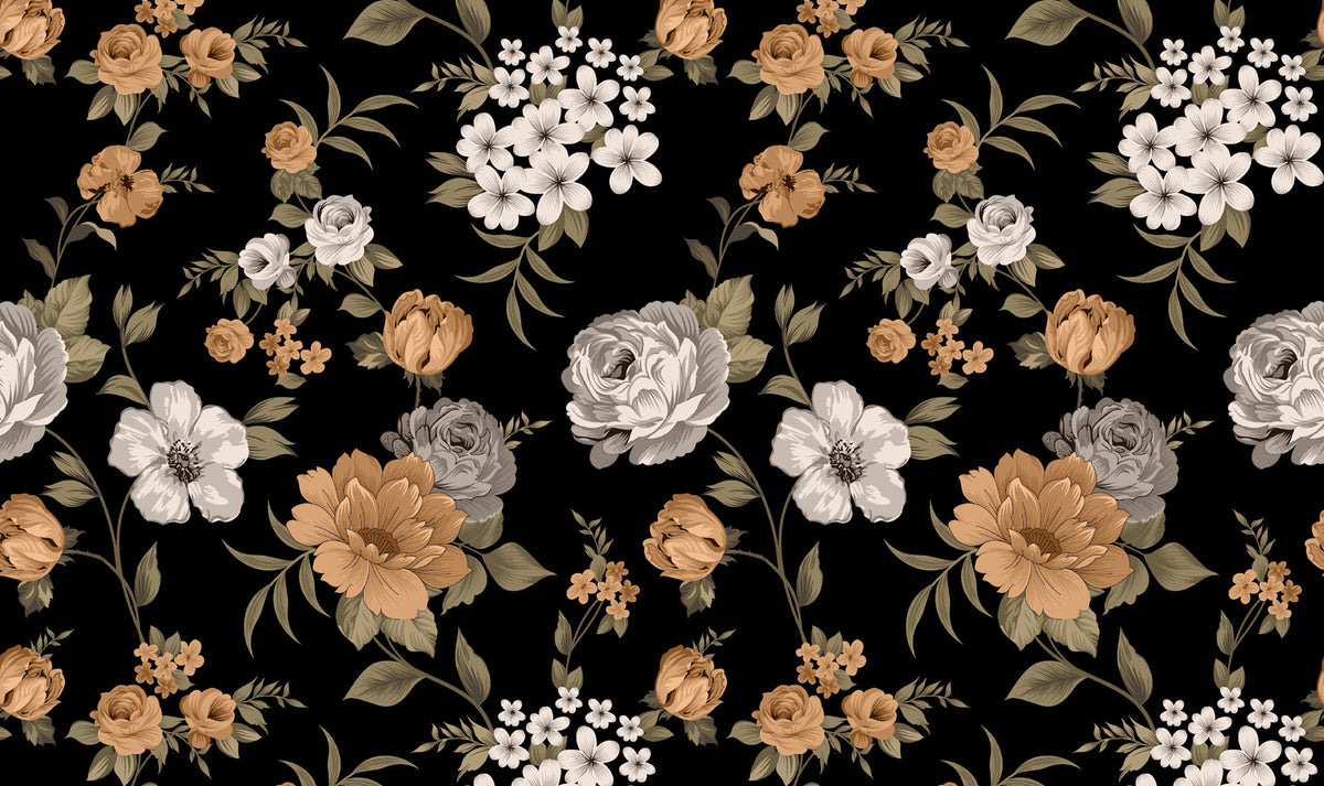 Retro Floral Wallpaper : Orange and White Flowers on Black Mural - flat design