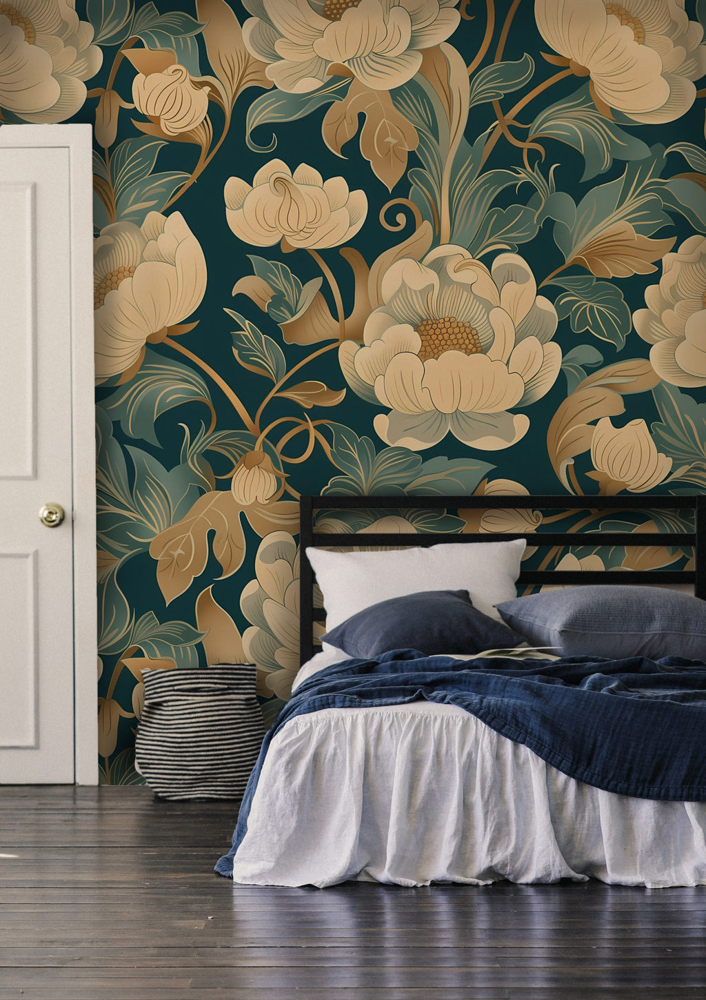 Teal Peony Wallpaper : Gold Art Nouveau Floral Wall Mural